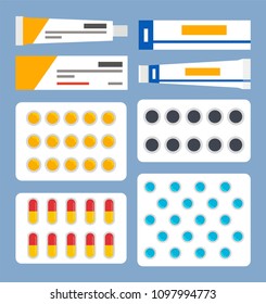 Tubes with schematic labels containing ointments, blister full of capsule for improving peoples health, medical production set vector illustration