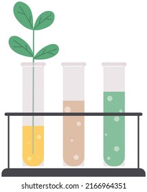 Tubes with sprout on special stand. Liquid test tube in laboratory analysis of test material. Beakes with plant and substances for researchers. Chemical lab science, medical research laboratory