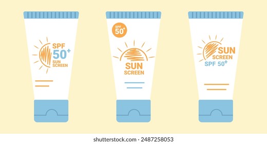 Tubes with sunscreen product. SPF summer skincare UV protection product design variations. SPF 50 cream or lotion. Vector illustration