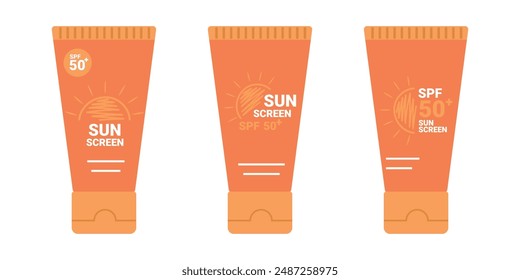 Röhrchen mit Sonnenschutzmittel. SPF Sommer Hautpflege UV-Schutz Produkt Design Variationen Set. SPF 50 Creme oder Lotion. Vektorillustration