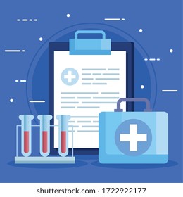 tubes test with clipboard and first aid kit vector illustration design