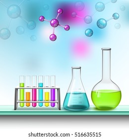 Tubes for tests vessels air molecules laboratory eqipment composition with colorful liquids flat vector illustration