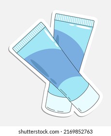 Tubos con dentífrico, crema cosmética en forma de doodle. Icono dibujado a mano con trazo. Pegatina vectorial de caricatura aislada en fondo blanco