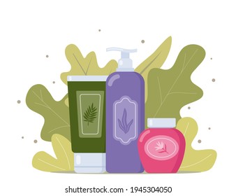Tubes and vials cosmetics, tropical leaves on background. Everything for beauty and skin care. Cream, gel, tube, soap. Natural cosmetic from organic plants. Herbal beauty product. Vector illustration