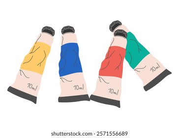 Tubes of watercolor or oil paint, isolated on a white background. Art supplies. Flat vector illustration.