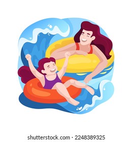 Tubing isolated cartoon vector illustration. Summer fun activity, water tubing, family sitting on inflated tube, leisure time, river vacation, wearing life jacket and helmet vector cartoon.