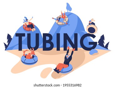 Tubing lettering with people riding donuts in winter landscape. Isolated on white scene 