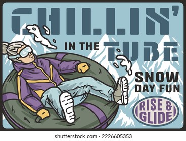 Tubing in the snow. Winter active sports. Snowboarding, tubing and alpine skiing in a poster