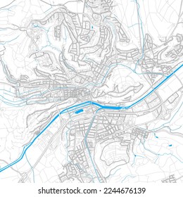 Tubingen, Baden-Wuerttemberg, Germany high resolution vector map with editable paths. Bright outlines for main roads. Use it for any printed and digital background. Blue shapes and lines for water.