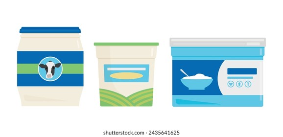 Tubs of yogurt illustration set.  Packaging and containers of yoghurt and dairy products. Flat vector style graphics isolated on white background. 