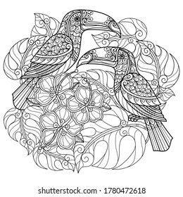 Tucan bird with Monstera leaves.
Zentangle stylized cartoon isolated on white background. 
Hand drawn sketch illustration for adult coloring book. 
