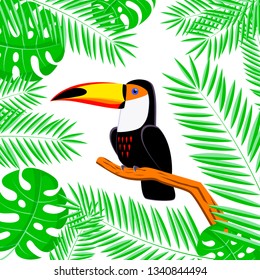 Tucan bird on a branch in palm leaves