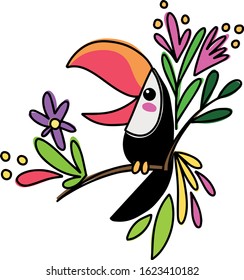 Tucan with Tropical Flowers in Summer