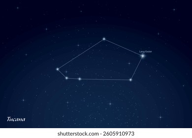 Tucana constellation featuring labeled stars in a glowing, star filled night sky.