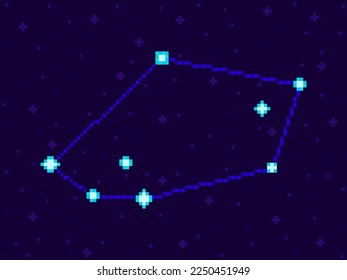 Tucana constellation in pixel art style. 8-bit stars in the night sky in retro video game style. Cluster of stars and galaxies. Design for applications, banners and posters. Vector illustration
