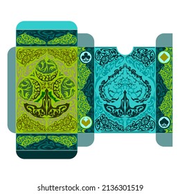 Tuck box template for poker playing cards. Card box with clubs and spades suits. Oriental fairy tale style. Vector illustration isolated on white background.