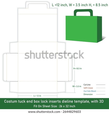 Tuck end box costum lock inserts dieline template, with 3D