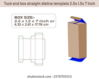 Tuck end box straight dieline template 2.5x 1.5x 7 Inch