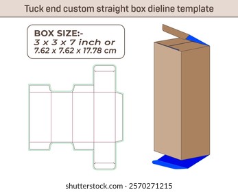 Tuck end custom straight box dieline template 3x 3x 7 Inch