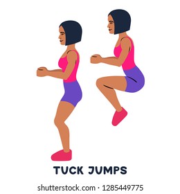 Tuck jumps. Sport exersice. Silhouettes of woman doing exercise. Workout, training Vector illustration