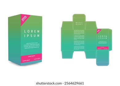 Tuck packaging box diecut design - includes preview mockup - editable blueprint layout with cutting and creasing lines - vector eps file