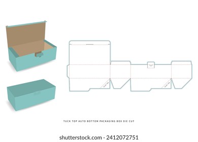 tuck top auto bottom packaging box die cut template - preview mockup - editable blueprint layout with cutting and creasing lines - vector eps file