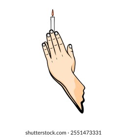 tucking the lit candle between the joined right and left palms, the buddhist hand gesture of prayer vector illustration