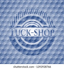 Tuck-shop blue emblem with geometric pattern.
