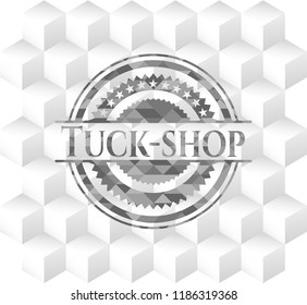 Tuck-shop grey emblem. Retro with geometric cube white background