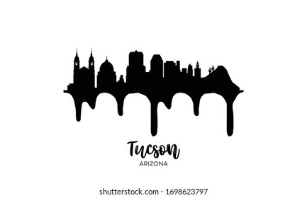 Tucson Arizona black skyline silhouette vector illustration on white background with dripping ink effect.