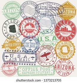 Tucson Arizona Set of Stamps. Travel Stamp. Made In Product. Design Seals Old Style Insignia.