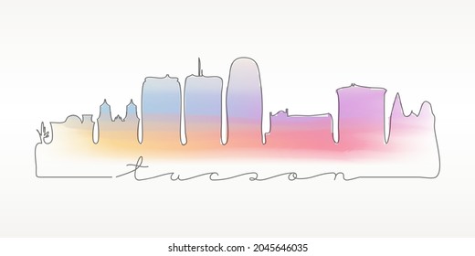 Tucson, AZ, USA Skyline Watercolor City Illustration. Famous Buildings Silhouette Hand Drawn Doodle Art. Vector Landmark Sketch Drawing.