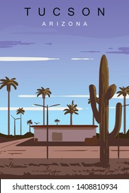 Tucson modern vector poster. Tucson, Arizona landscape illustration. Top 30 most populated cities of the USA.