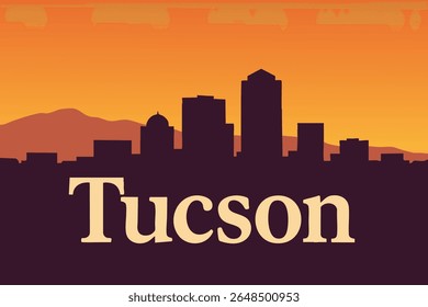 The Tucson skyline comes to life as the sun sets over the desert, casting warm, golden hues over the city’s iconic landmarks and majestic mountain backdrop. 