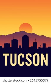 A paisagem urbana de Tucson brilha lindamente durante o pôr do sol, oferecendo vistas vibrantes com um pano de fundo das montanhas do deserto circundantes.