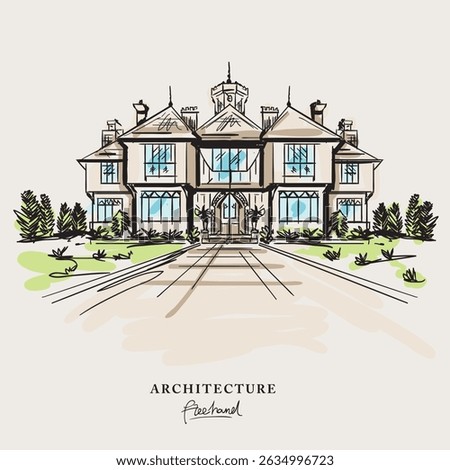 Tudor Architecture design freehand drawing, Sketch Hand drawn Drawing design.