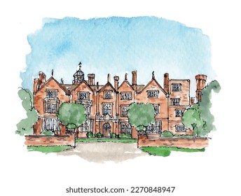 Tudor country house, chimneys, mansion, estate, red brick, wedding venue. Watercolor sketch illustration. Isolated vector.