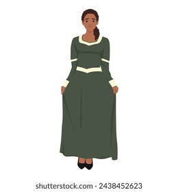 Tudor fashion. Medieval black woman in a green headdress and a dress embroidered with gold. Historical costume. Flat vector illustration isolated on white background