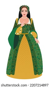 Tudor fashion. Medieval woman in a green headdress and a dress embroidered with gold. Historical costume. Flat vector illustration.