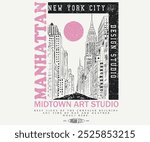 Tudor manhattan rod hand sketch print design. college text print, Creative studio city vibes vector graphic artwork. New york city hand drawing. New York design studio t shirt print design.