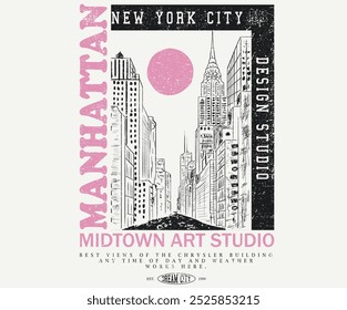 Tudor manhattan haste mão esboço impressão design. impressão de texto da faculdade, Creative studio cidade vibes vetor arte gráfica. Desenho a mão da cidade de Nova Iorque. Nova Iorque design de impressão de camiseta do estúdio de design.