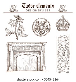 Tudor Period Design Elements Set. Set Of 8 Original Sketches. EPS10 Vector Illustration.