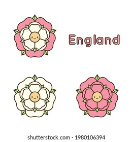 Tudor rose cartoon kawaii vector icon  Traditional heraldic emblem England  Emoji clipart drawing  Roses houses Lancaster   York 