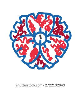 Dibujo de rosa Tudor con detalles de pétalos rojos y blancos con un contorno azul, que representa la historia inglesa, la Regalías y la identidad nacional sobre un fondo blanco