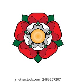 Tudor Rose aus England | Heraldische Blumenabzeichen Emblem Vektorillustration | Flach Rot Grün Gelb Schwarz Umriss