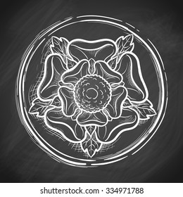 Tudor rose. Traditional heraldic emblem of the Tudor dynasty widely used as ornamental motif in interior design. Chalk sketch on a blackboard. EPS10 vector illustration.
