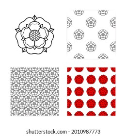 Tudor rose vector seamless patterns set. Traditional heraldic emblem of England. The war of roses of houses Lancaster and York.