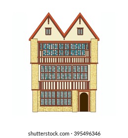  Tudor style house with large windows. Old European fachwerk style building.