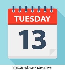 Tuesday 13 - Calendar Icon. Vector illustration of week day paper leaf.
