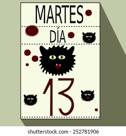 Tuesday, The 13th - List Of Calendar With Long Shadows, Bloodstains And Heads Of Cats With Spanish Inscription Martes Dia 13